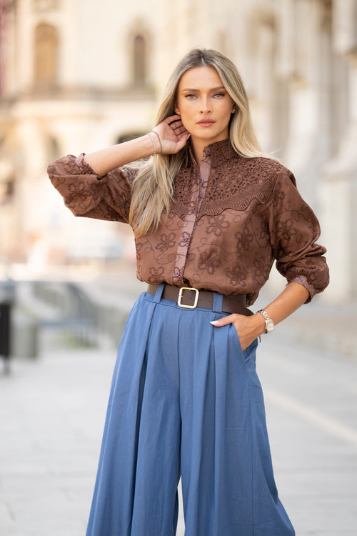 Cămașă damă maro cu broderie și dantelă Natalee Fashion