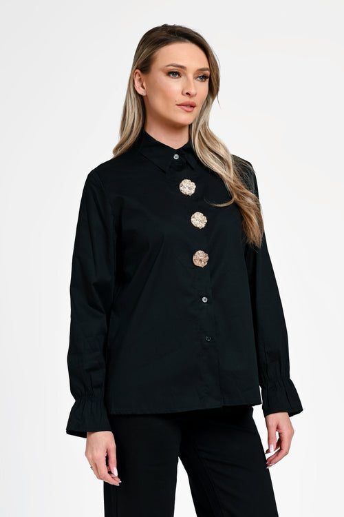 Cămașă damă neagră cu nasturi decorativi –Isadora Black Natalee Fashion