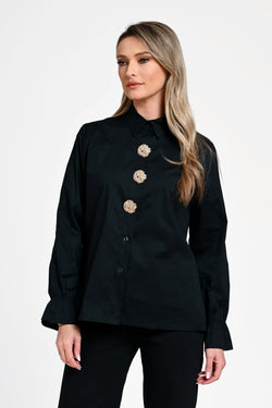 Cămașă damă neagră cu nasturi decorativi –Isadora Black Natalee Fashion