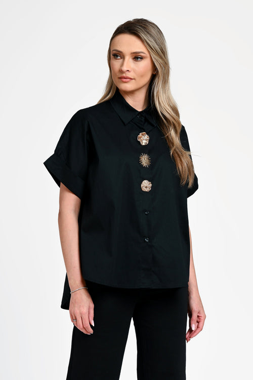 Cămașă damă neagră cu nasturi decorativi Selene Black Natalee Fashion
