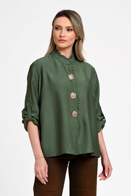 Cămașă damă verde olive cu volănaș și nasturi decorativi Selene Olive Natalee