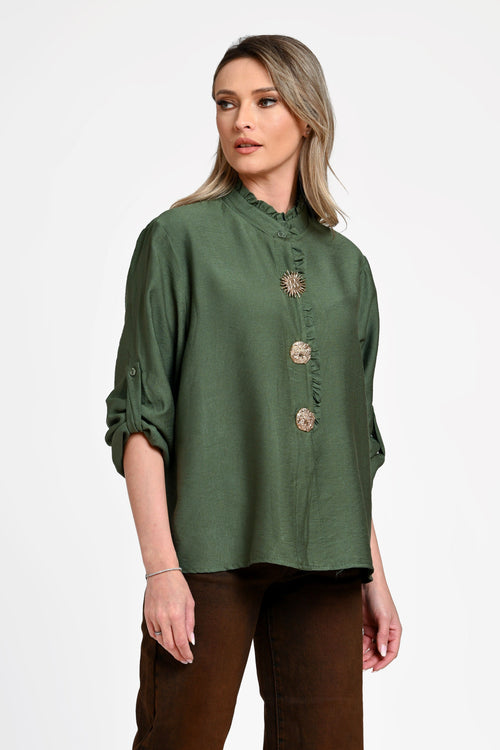 Cămașă damă verde olive cu volănaș și nasturi decorativi Selene Olive Natalee