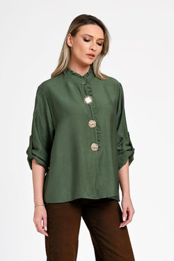 Cămașă damă verde olive cu volănaș și nasturi decorativi Selene Olive Natalee