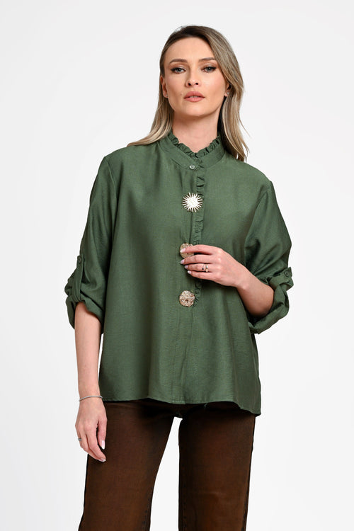 Cămașă damă verde olive cu volănaș și nasturi decorativi Selene Olive Natalee