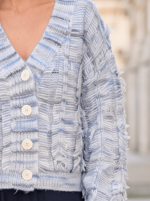 Cardigan damă bleu cu model texturat și franjuri Ilinca Natalee