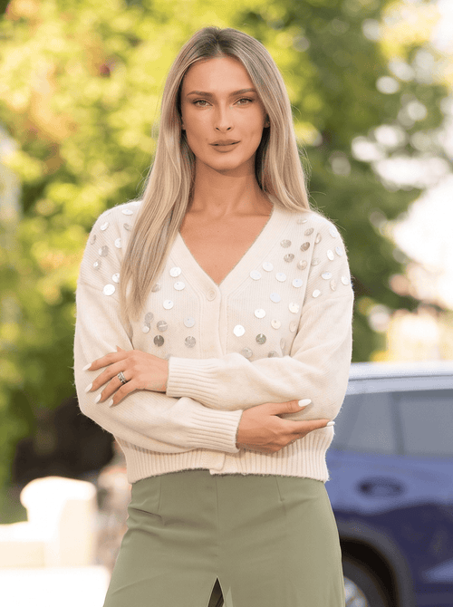 Cardigan damă ivoire cu aplicații strălucitoare Evelina Natalee