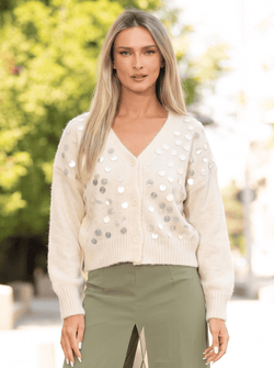 Cardigan damă ivoire cu aplicații strălucitoare Evelina Natalee