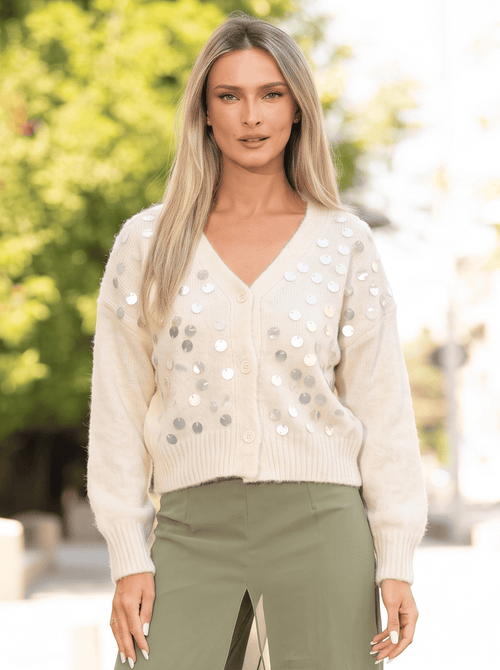 Cardigan damă ivoire cu aplicații strălucitoare Evelina Natalee