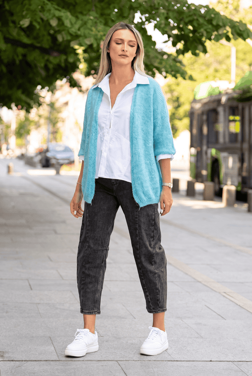 Cardigan oversize tricotat, cu mâneci 3/4, turcoaz Natalee