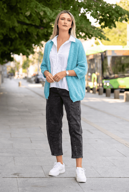 Cardigan oversize tricotat, cu mâneci 3/4, turcoaz Natalee