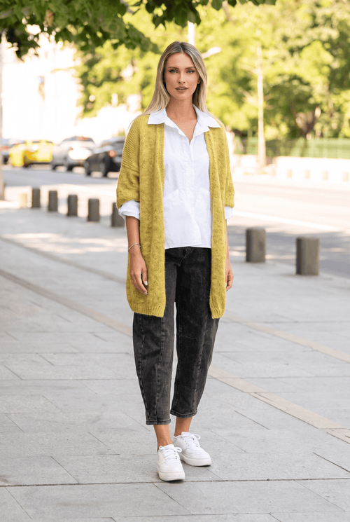 Cardigan oversize tricotat, cu mâneci balon, galben muștar Natalee