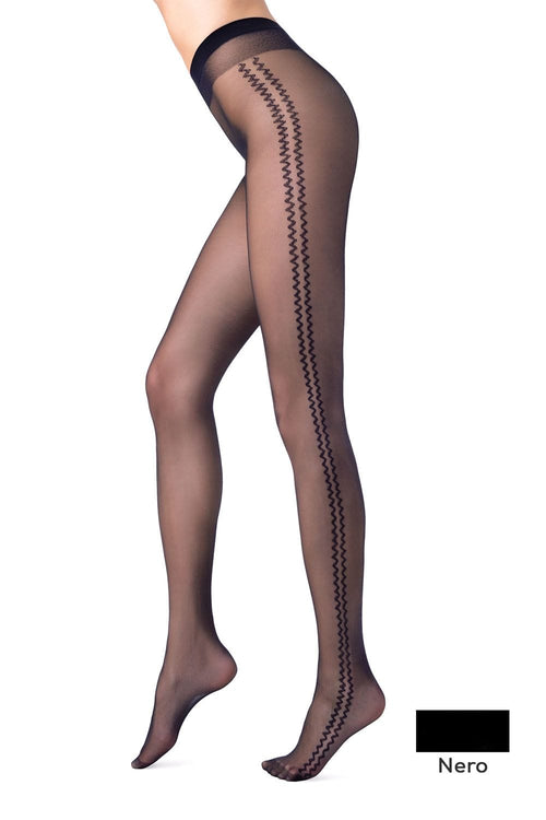 Natalee Fashion Ciorapi dama 4(L) / NEGRU Ciorapi subțiri cu model, zig zag pe lateral, Fantasy Bliss