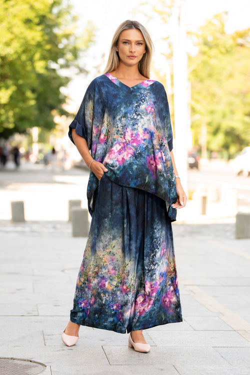 Compleu damă bleumarin din viscoză și mătase cu imprimeu artistic – Celeste Natalee Fashion