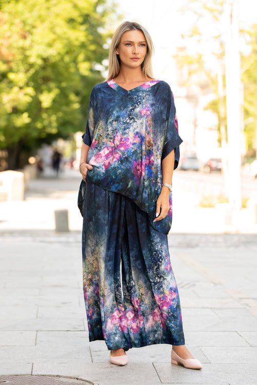 Compleu damă bleumarin din viscoză și mătase cu imprimeu artistic – Celeste Natalee Fashion