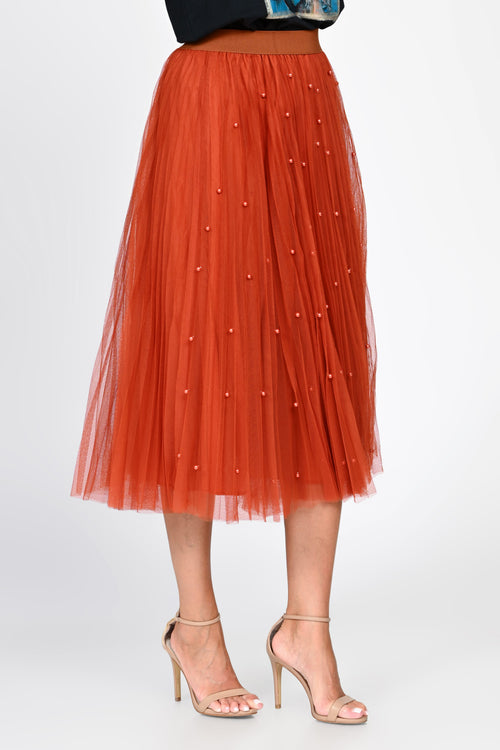 Fustă damă midi cărămizie din tulle cu perle Sabina Natalee