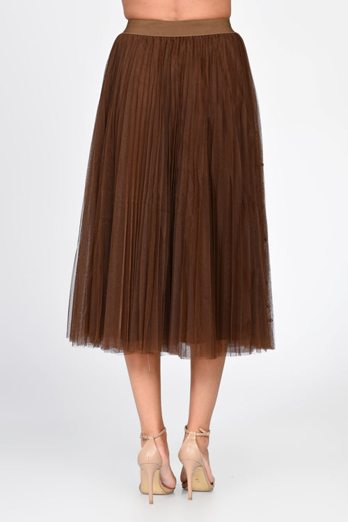 Fustă damă midi maro din tulle cu perle Sabina Natalee Fashion