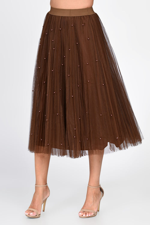 Fustă damă midi maro din tulle cu perle Sabina Natalee Fashion