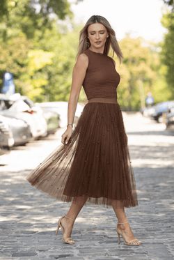 Fustă damă midi maro din tulle cu perle Sabina Natalee Fashion