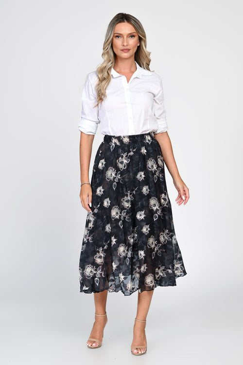 Fustă damă midi neagră cu imprimeu floral crem Elvira Natalee