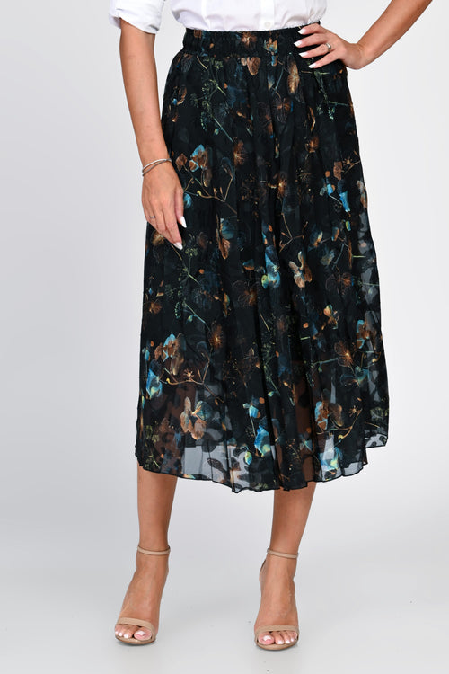 Fustă damă midi neagră cu imprimeu floral Elvira Natalee