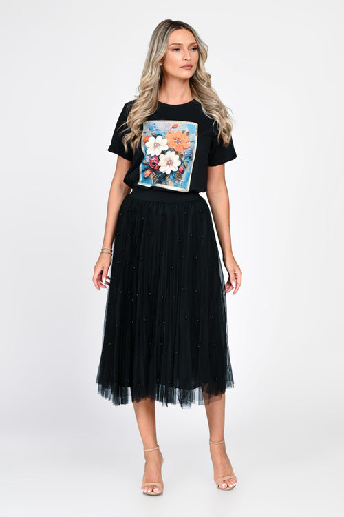 Fustă damă midi neagră din tulle cu perle Sabina Natalee Fashion