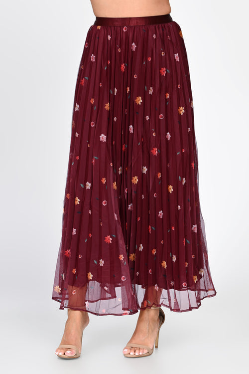 Fustă lungă bordo din tulle cu flori brodate Natalia Natalee