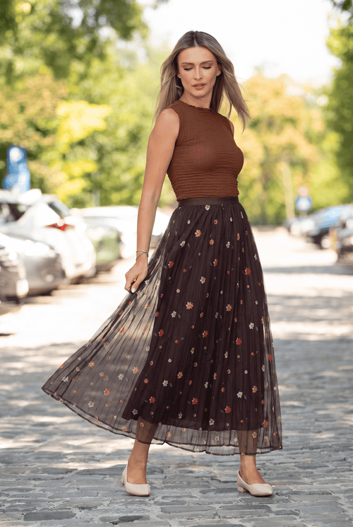 Fustă lungă maro din tulle cu imprimeu floral Natalia Natalee