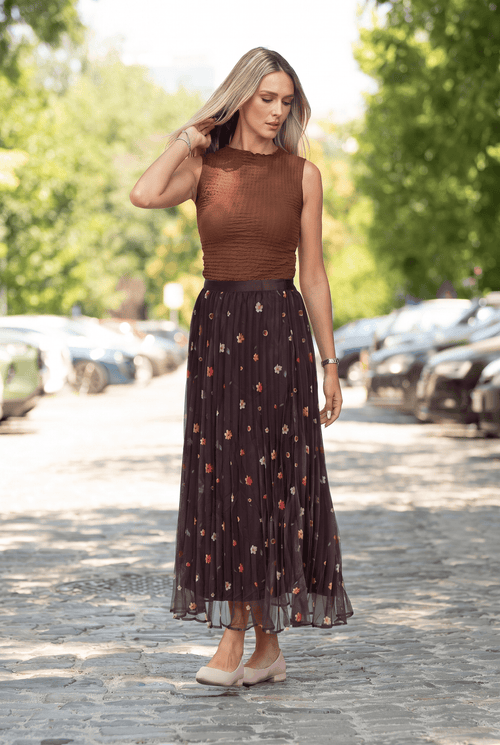 Fustă lungă maro din tulle cu imprimeu floral Natalia Natalee