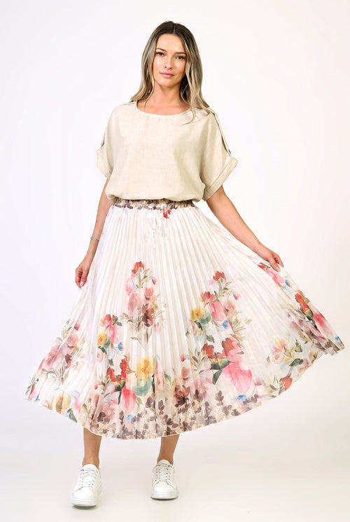 Fustă plisată crem cu imprimeu floral Cătălina Natalee