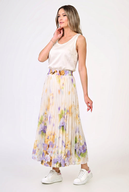 Fustă plisată ivoire cu imprimeu floral Lavinia Natalee