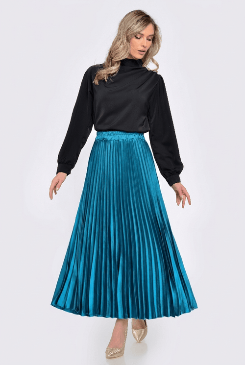 Fustă plisată turcoaz midi cu talie elastică damă Natalee