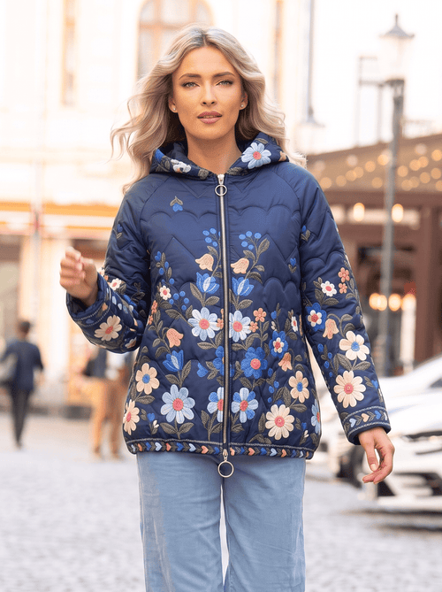 Geacă damă matlasată cu glugă și model floral Florina Natalee