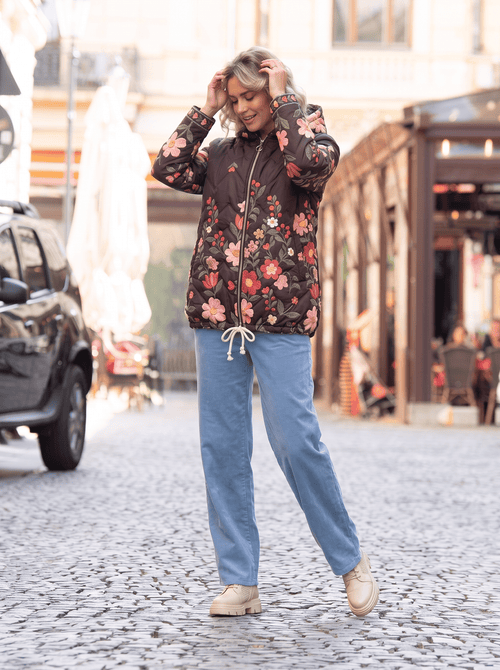 Geacă damă matlasată cu glugă și model floral Florina Natalee