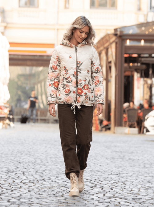 Geacă damă matlasată cu glugă și model floral Florina Natalee