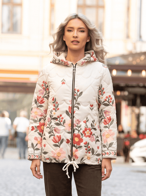 Geacă damă matlasată cu glugă și model floral Florina Natalee