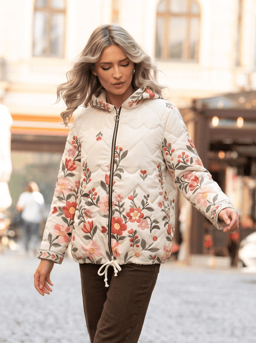 Geacă damă matlasată cu glugă și model floral Florina Natalee