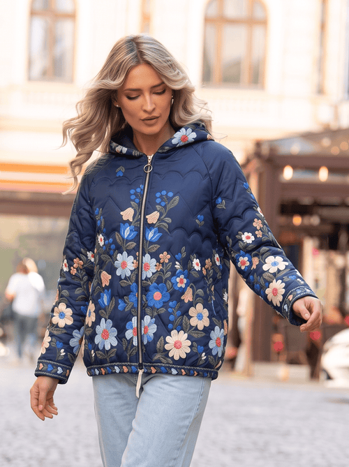 Geacă damă matlasată cu glugă și model floral Florina M/L / albastru Natalee