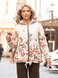 Geacă damă matlasată cu glugă și model floral Florina Natalee