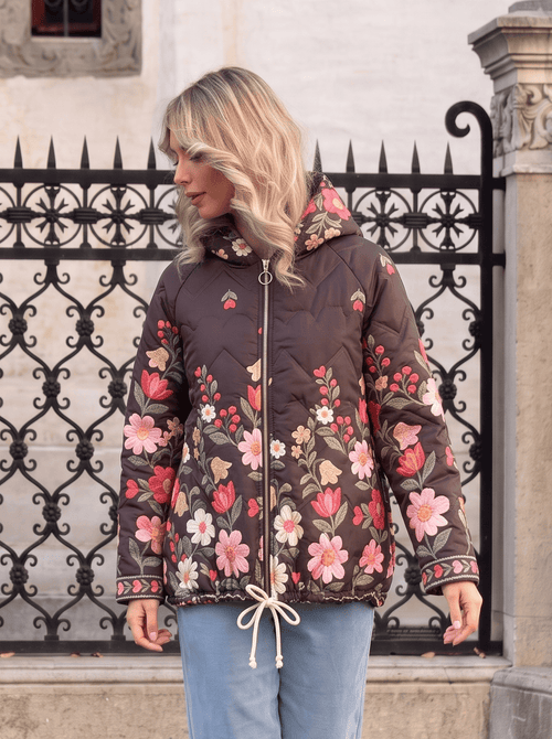 Geacă damă matlasată cu glugă și model floral Florina M/L / maro Natalee