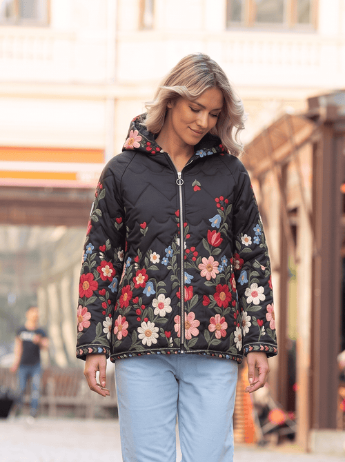 Geacă damă matlasată cu glugă și model floral Florina M/L / negru Natalee