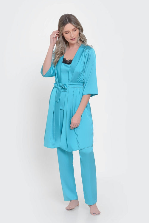 Natalee Fashion Pijamale Dama Halat din satin turqoise Ilaria