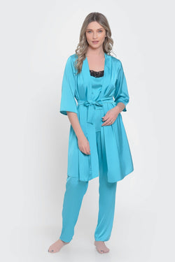Natalee Fashion Pijamale Dama Halat din satin turqoise Ilaria