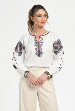 Ie damă albă cu broderie tradițională multicoloră Anastasia Natalee