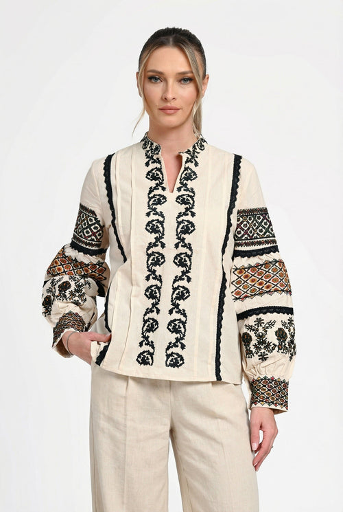 Ie damă crem cu broderie tradițională Elena Ethno Natalee Fashion