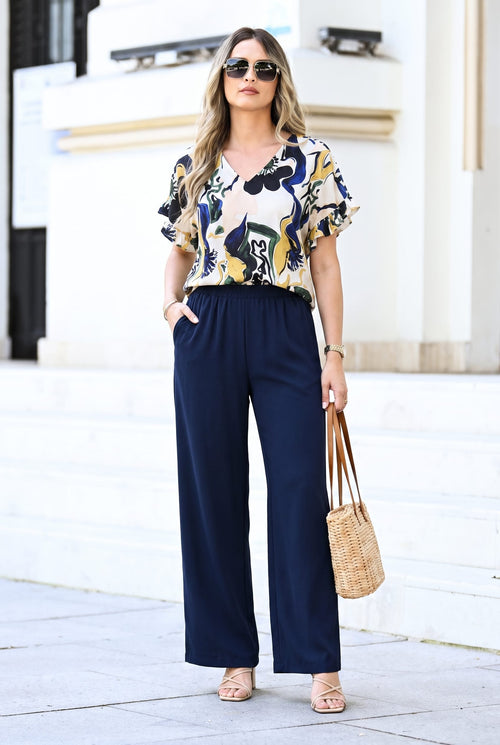 Compleu damă din viscoză cu pantaloni bleumarin și bluză imprimată – Serena