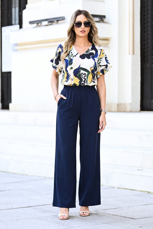 Compleu damă din viscoză cu pantaloni bleumarin și bluză imprimată – Serena