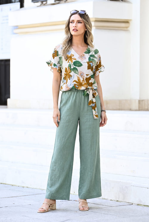 Compleu damă din viscoză cu imprimeu floral și pantaloni verde salvie – Selen