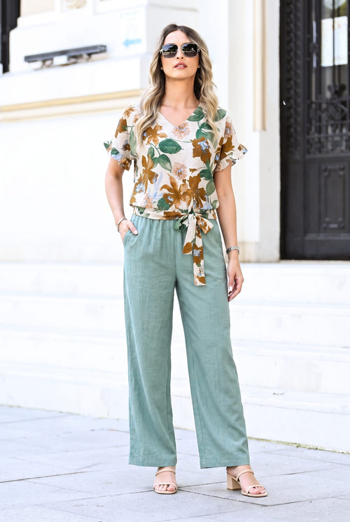 Compleu damă din viscoză cu imprimeu floral și pantaloni verde salvie – Selen