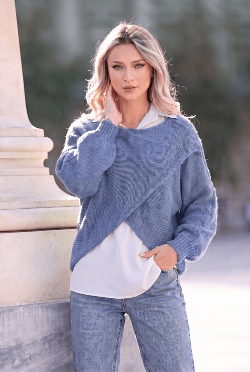 Pulover damă denim 2 în 1 cu cămașă din bumbac Alina