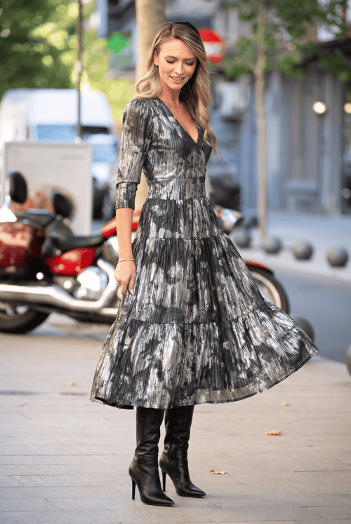 Rochie midi neagră cu imprimeu abstract Evelin